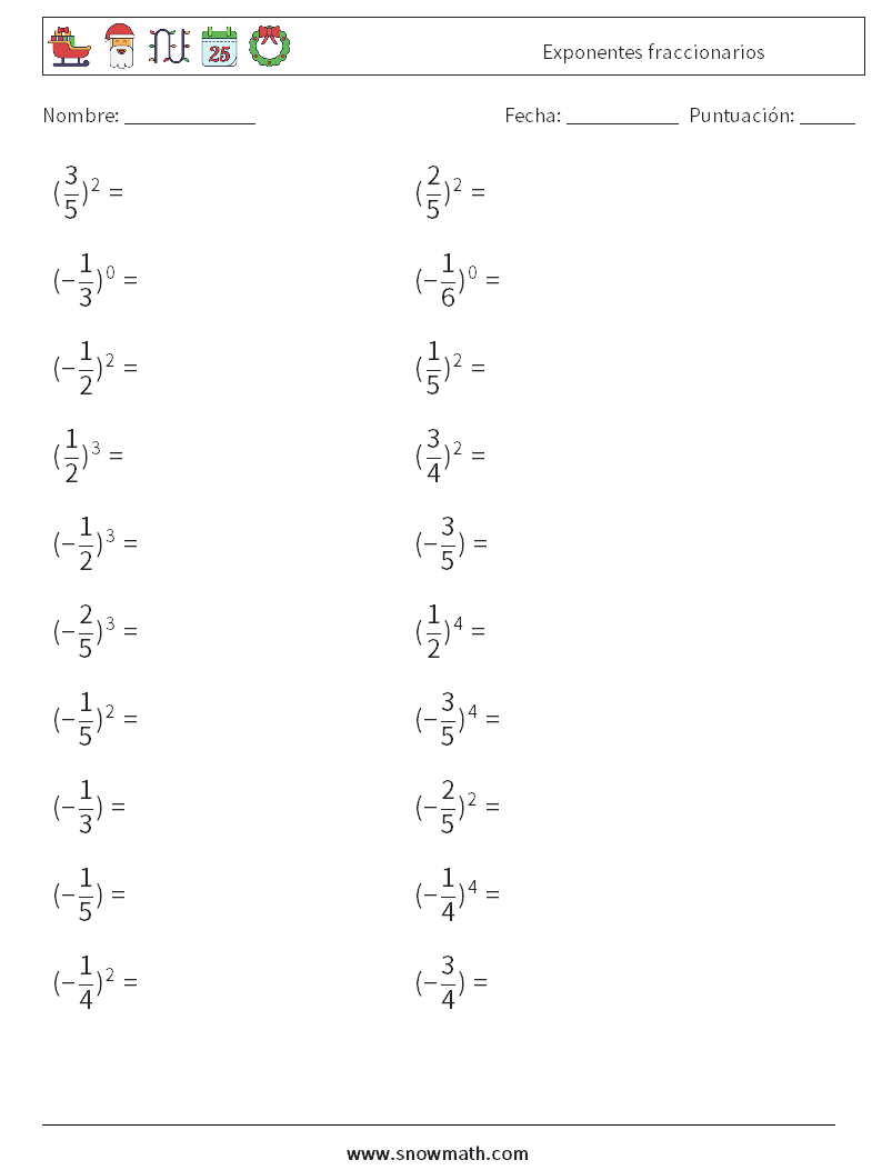 Exponentes fraccionarios Hojas de trabajo de matemáticas 2