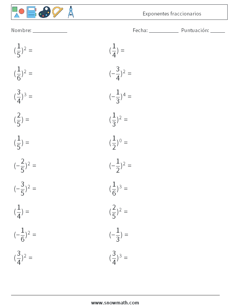 Exponentes fraccionarios Hojas de trabajo de matemáticas 3