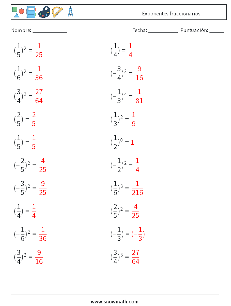 Exponentes fraccionarios Hojas de trabajo de matemáticas 3 Pregunta, respuesta