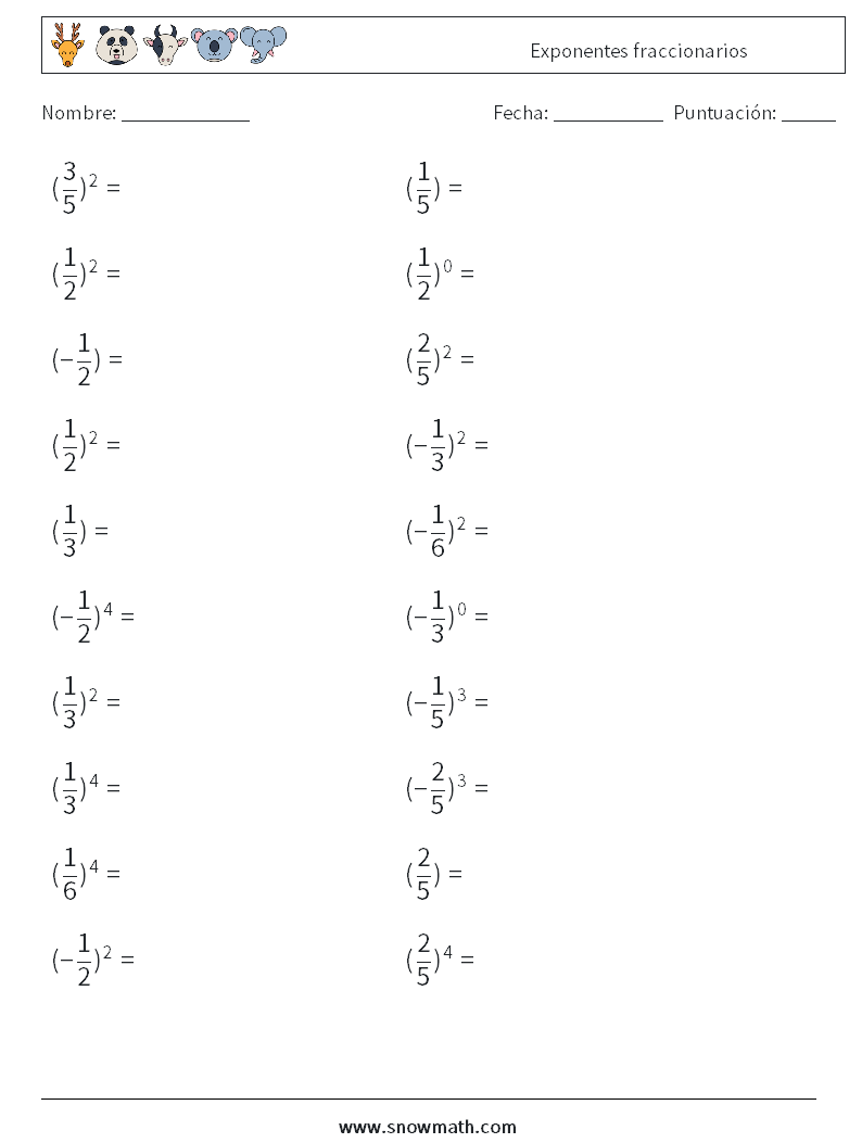 Exponentes fraccionarios Hojas de trabajo de matemáticas 4