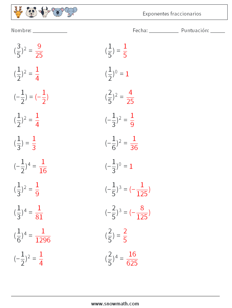 Exponentes fraccionarios Hojas de trabajo de matemáticas 4 Pregunta, respuesta