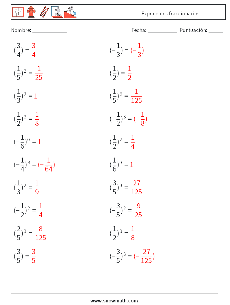 Exponentes fraccionarios Hojas de trabajo de matemáticas 5 Pregunta, respuesta