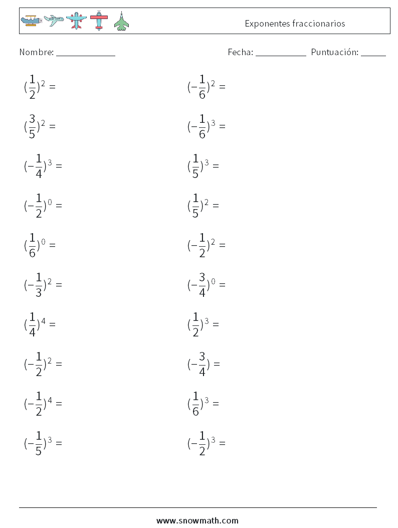 Exponentes fraccionarios Hojas de trabajo de matemáticas 6