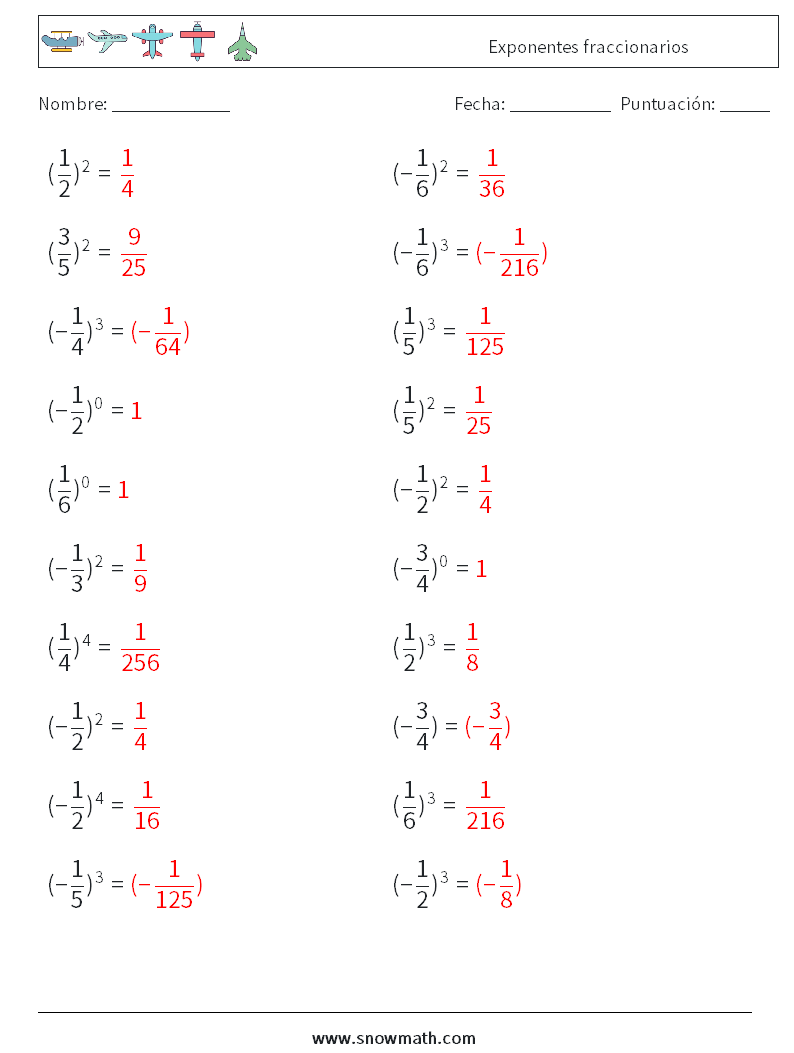 Exponentes fraccionarios Hojas de trabajo de matemáticas 6 Pregunta, respuesta