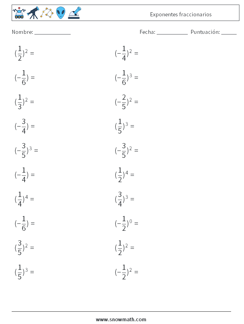 Exponentes fraccionarios Hojas de trabajo de matemáticas 7