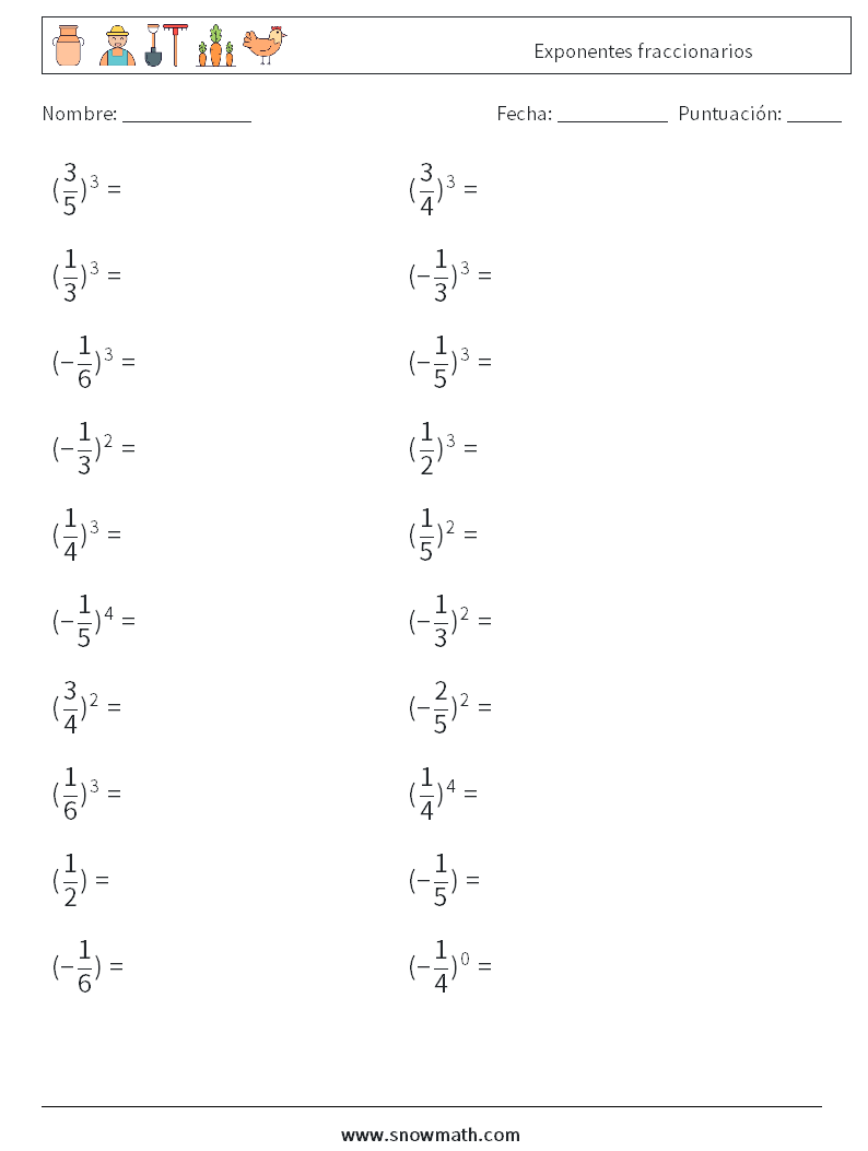 Exponentes fraccionarios Hojas de trabajo de matemáticas 8