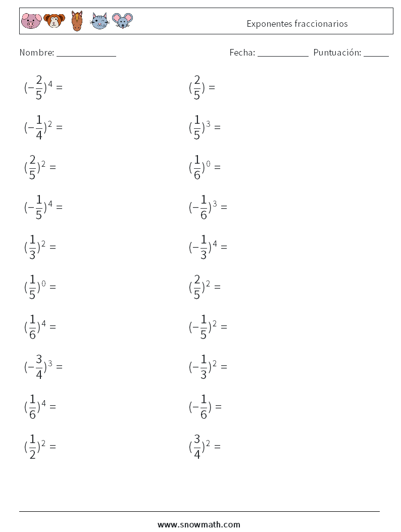 Exponentes fraccionarios Hojas de trabajo de matemáticas 9