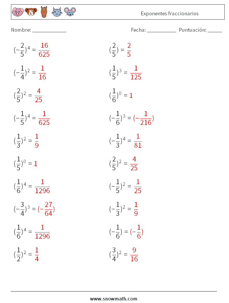 Exponentes fraccionarios Hojas de trabajo de matemáticas 9 Pregunta, respuesta