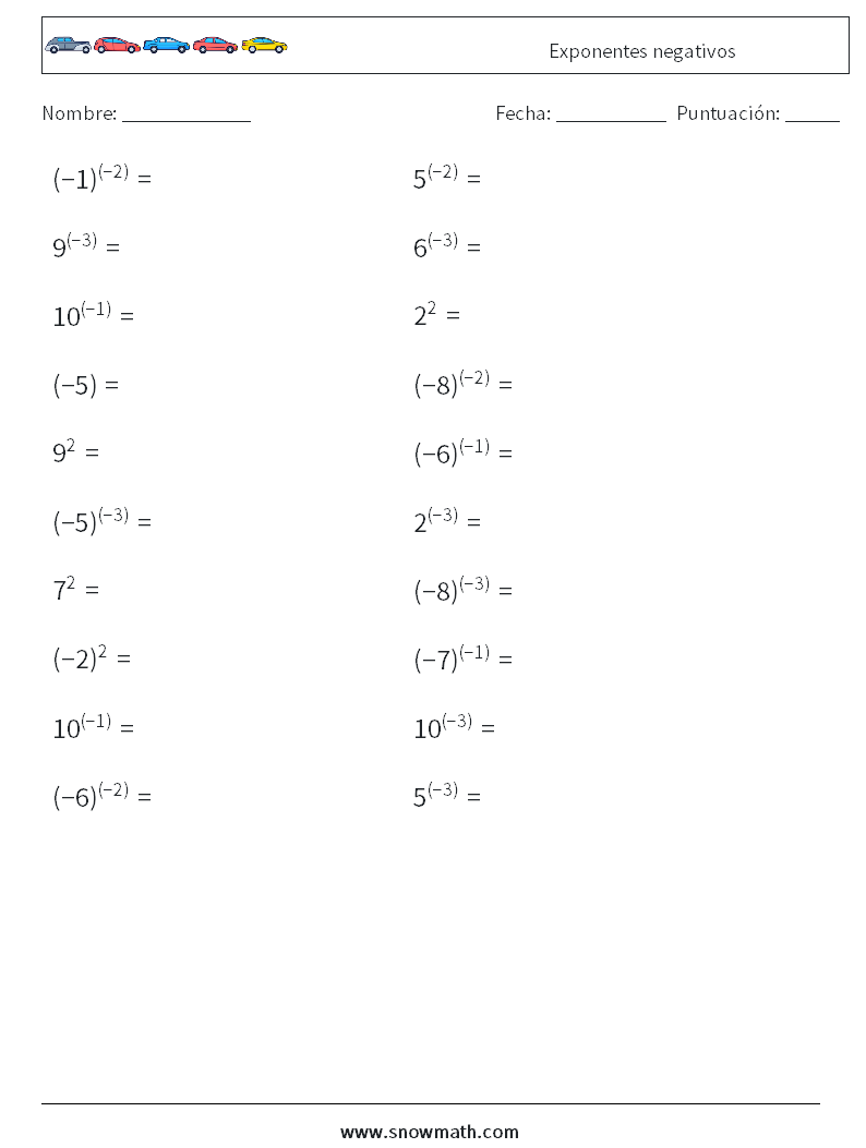  Exponentes negativos Hojas de trabajo de matemáticas 2