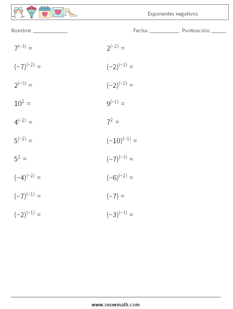  Exponentes negativos Hojas de trabajo de matemáticas 3