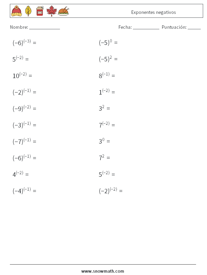  Exponentes negativos Hojas de trabajo de matemáticas 4