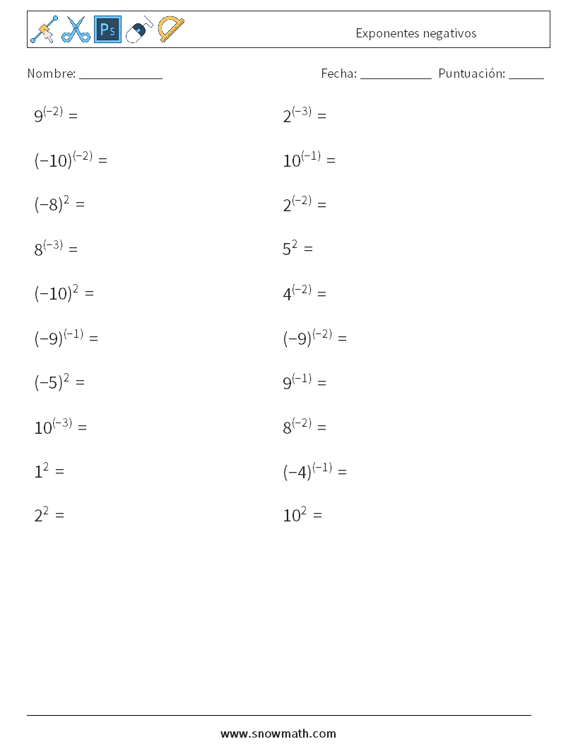  Exponentes negativos Hojas de trabajo de matemáticas 5