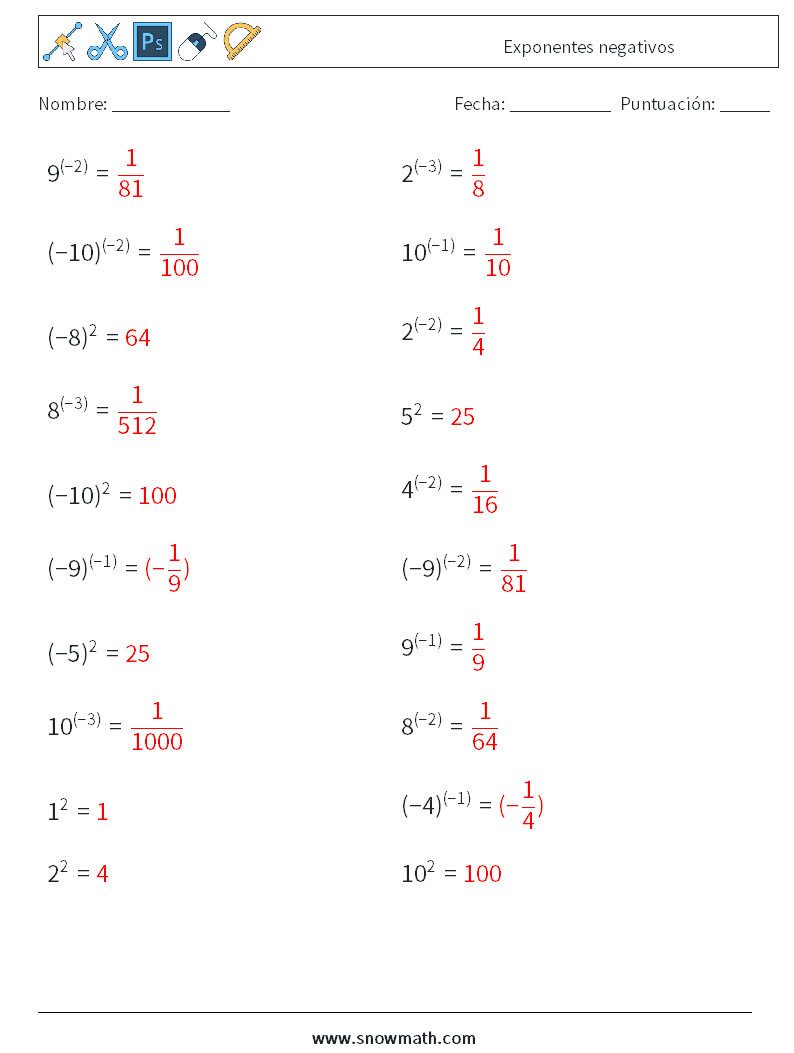  Exponentes negativos Hojas de trabajo de matemáticas 5 Pregunta, respuesta