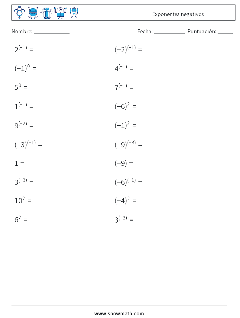  Exponentes negativos Hojas de trabajo de matemáticas 6