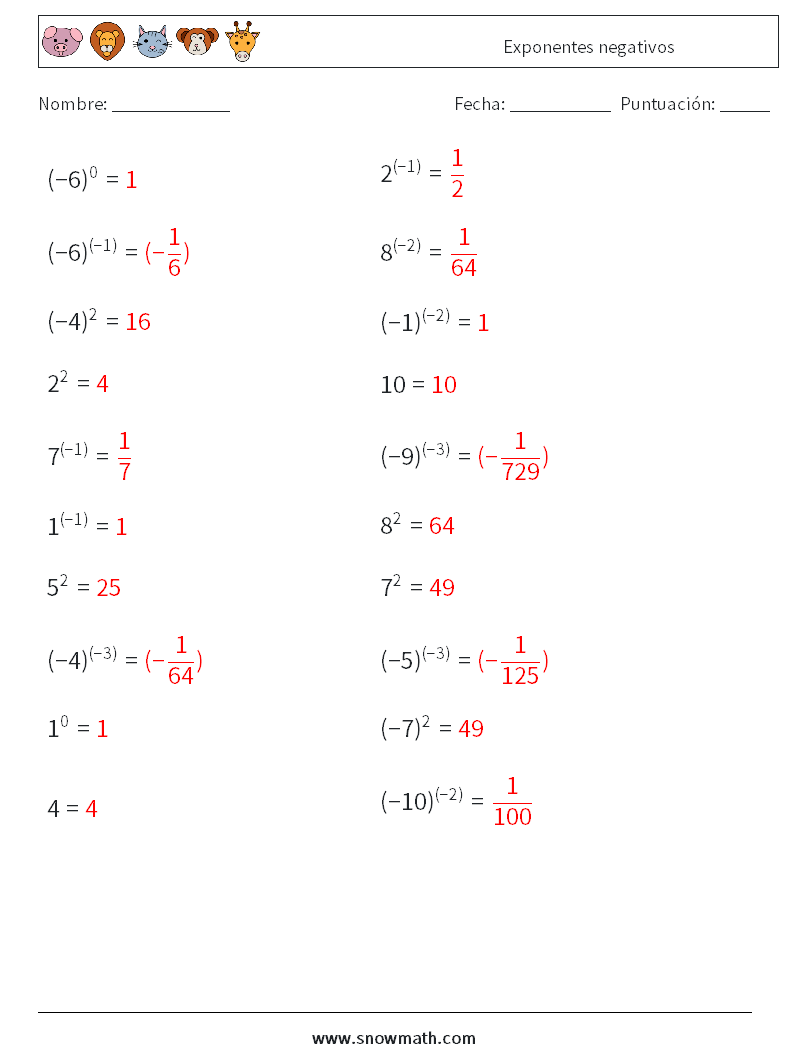  Exponentes negativos Hojas de trabajo de matemáticas 7 Pregunta, respuesta