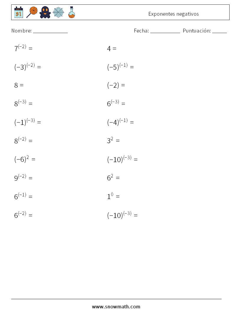  Exponentes negativos Hojas de trabajo de matemáticas 9