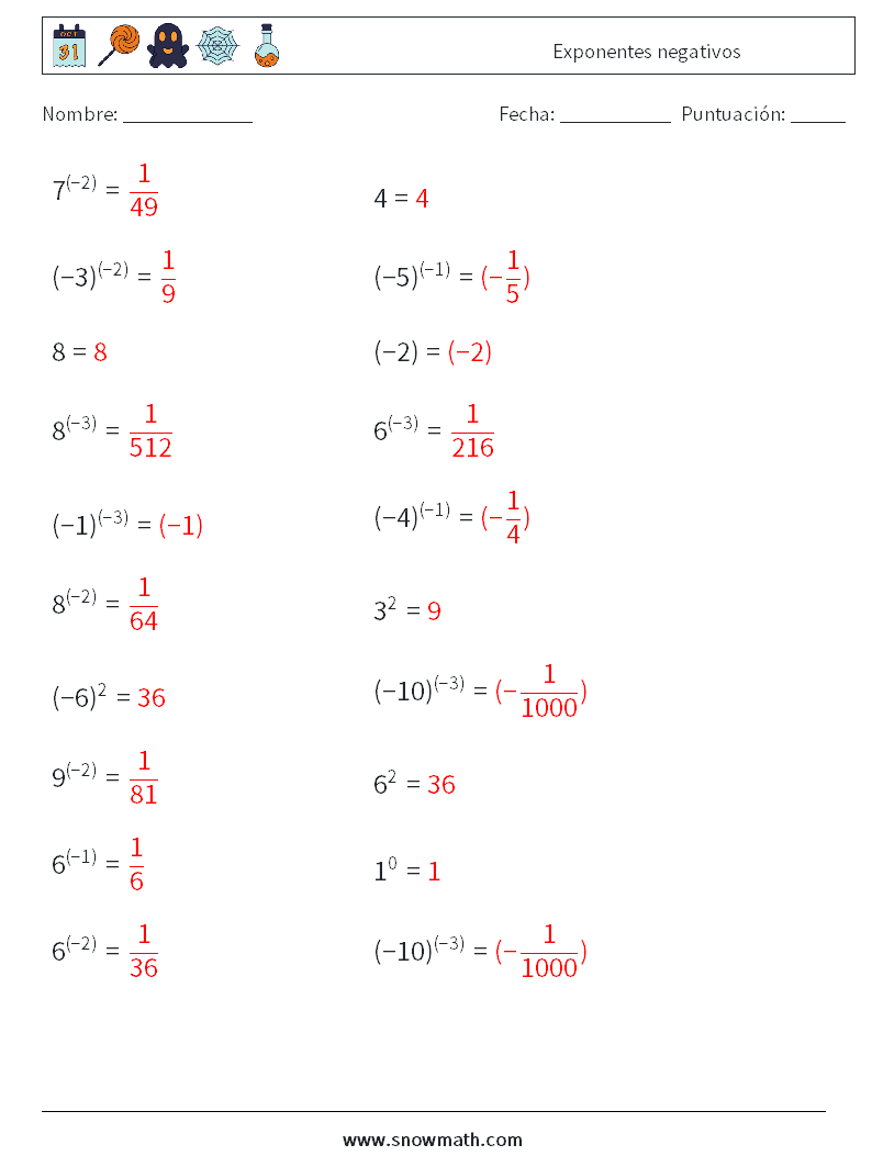  Exponentes negativos Hojas de trabajo de matemáticas 9 Pregunta, respuesta