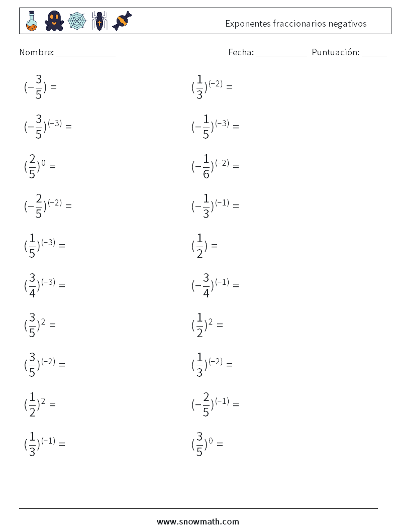 Exponentes fraccionarios negativos Hojas de trabajo de matemáticas 1