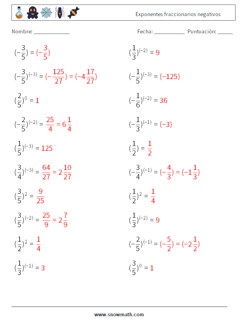 Exponentes fraccionarios negativos Hojas de trabajo de matemáticas 1 Pregunta, respuesta