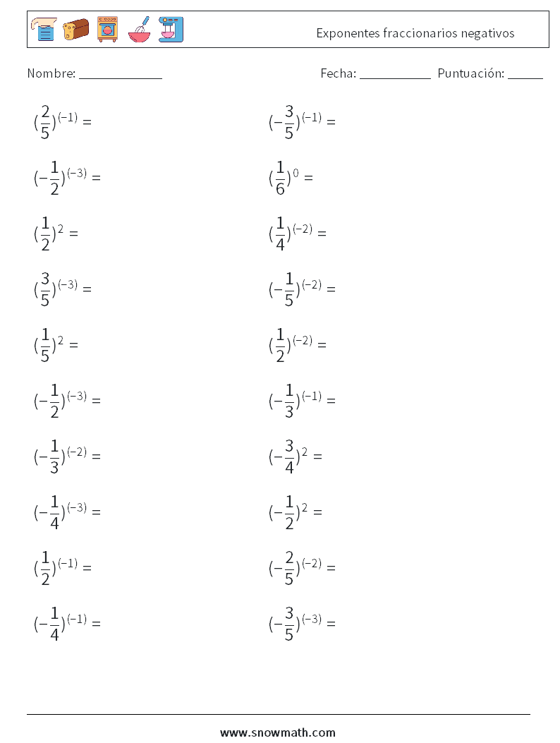 Exponentes fraccionarios negativos Hojas de trabajo de matemáticas 2