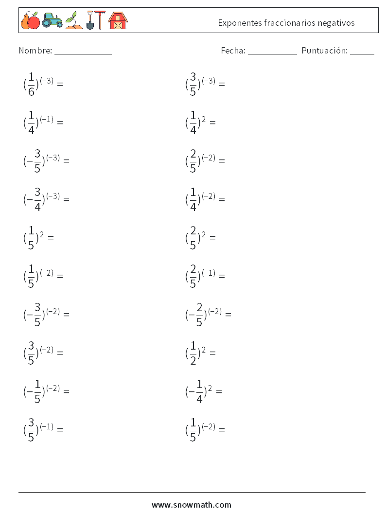 Exponentes fraccionarios negativos Hojas de trabajo de matemáticas 3