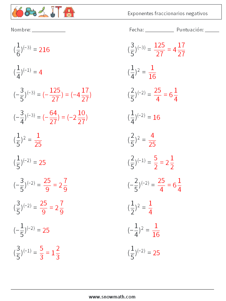 Exponentes fraccionarios negativos Hojas de trabajo de matemáticas 3 Pregunta, respuesta
