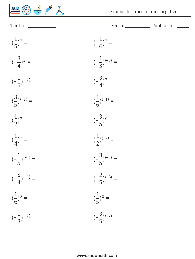 Exponentes fraccionarios negativos Hojas de trabajo de matemáticas 5