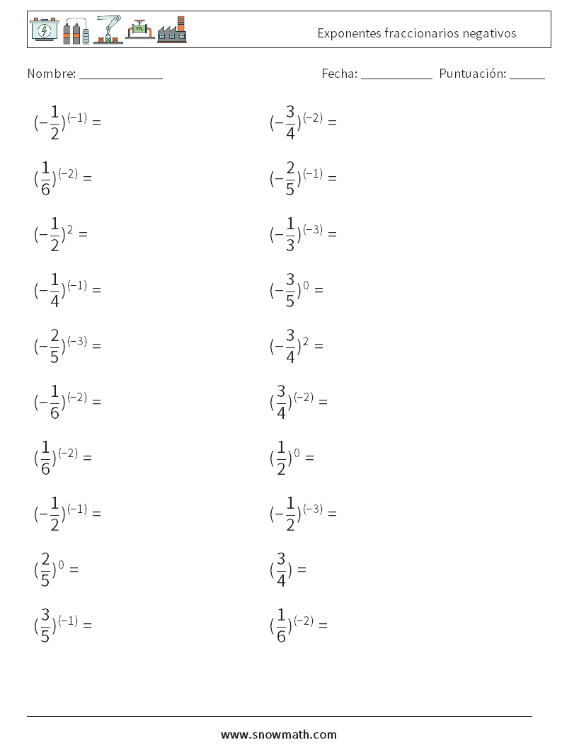 Exponentes fraccionarios negativos Hojas de trabajo de matemáticas 6