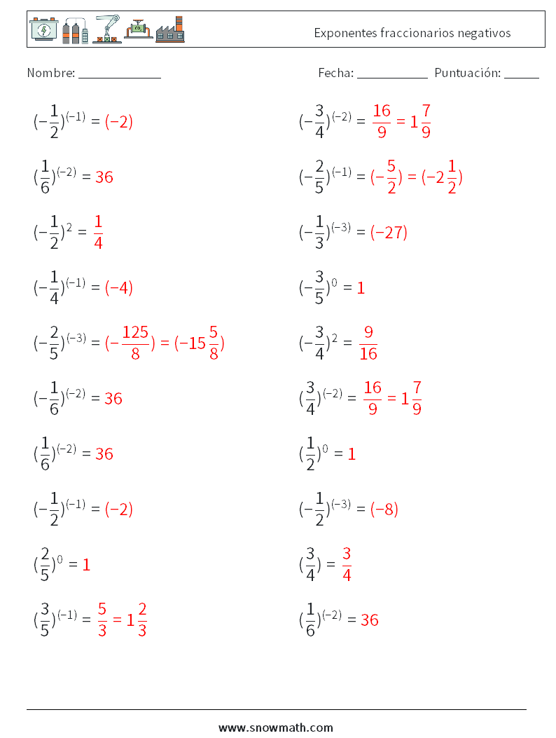 Exponentes fraccionarios negativos Hojas de trabajo de matemáticas 6 Pregunta, respuesta