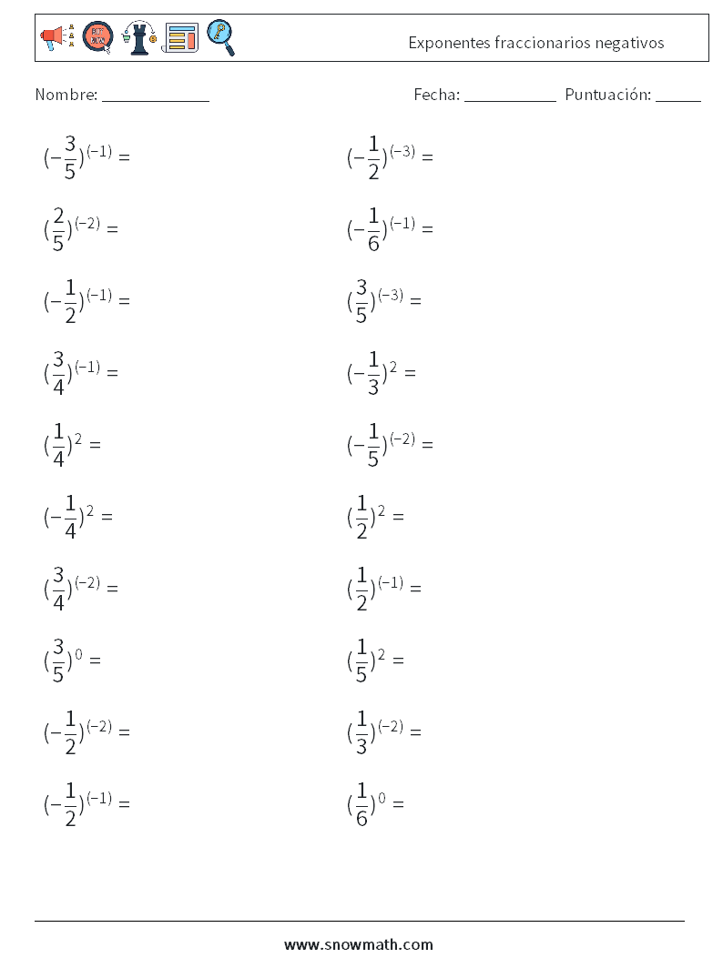 Exponentes fraccionarios negativos Hojas de trabajo de matemáticas 7