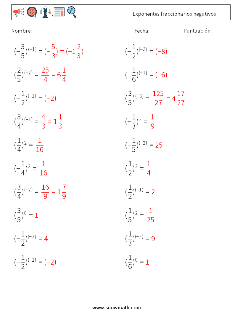 Exponentes fraccionarios negativos Hojas de trabajo de matemáticas 7 Pregunta, respuesta