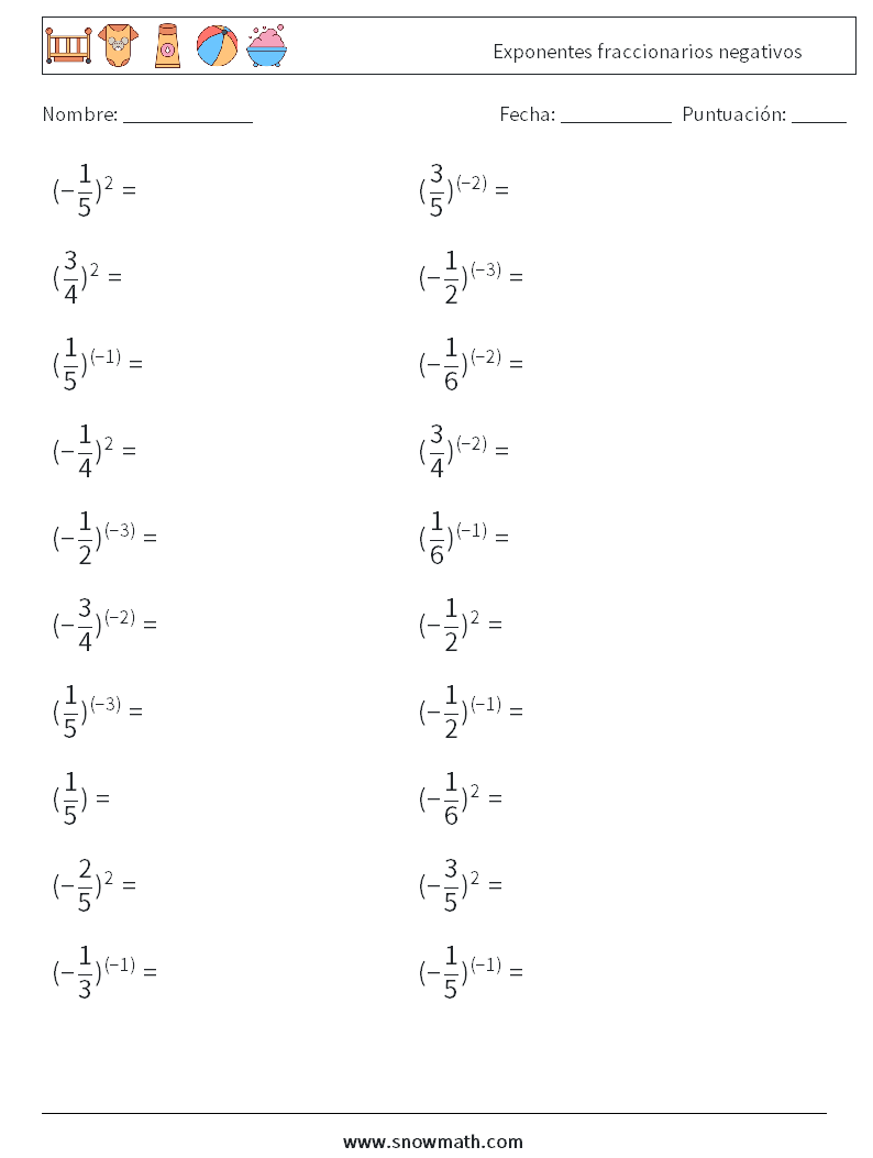 Exponentes fraccionarios negativos Hojas de trabajo de matemáticas 8