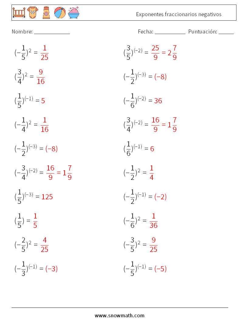 Exponentes fraccionarios negativos Hojas de trabajo de matemáticas 8 Pregunta, respuesta