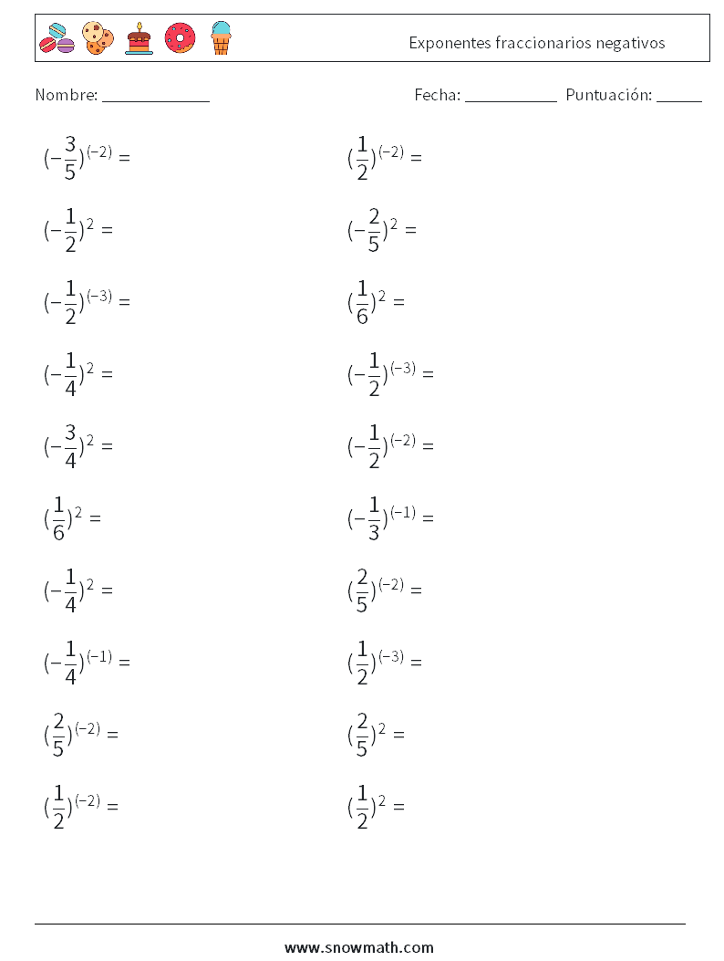 Exponentes fraccionarios negativos Hojas de trabajo de matemáticas 9