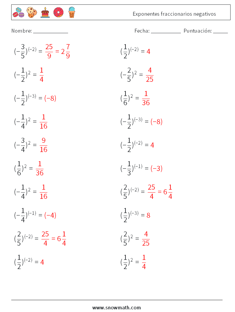 Exponentes fraccionarios negativos Hojas de trabajo de matemáticas 9 Pregunta, respuesta