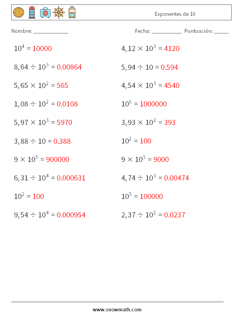 Exponentes de 10 Hojas de trabajo de matemáticas 1 Pregunta, respuesta