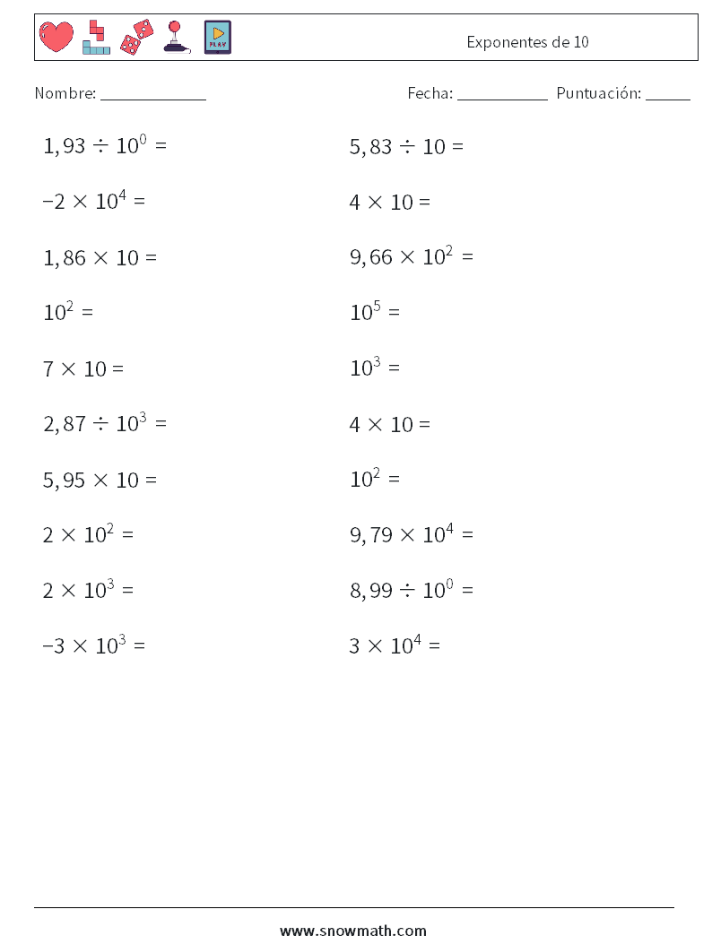 Exponentes de 10 Hojas de trabajo de matemáticas 2