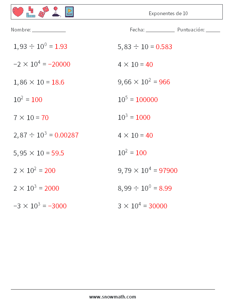 Exponentes de 10 Hojas de trabajo de matemáticas 2 Pregunta, respuesta