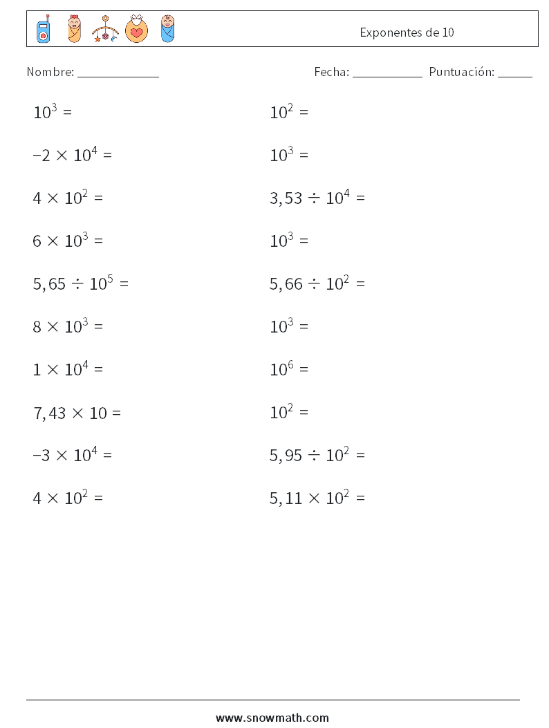 Exponentes de 10 Hojas de trabajo de matemáticas 3