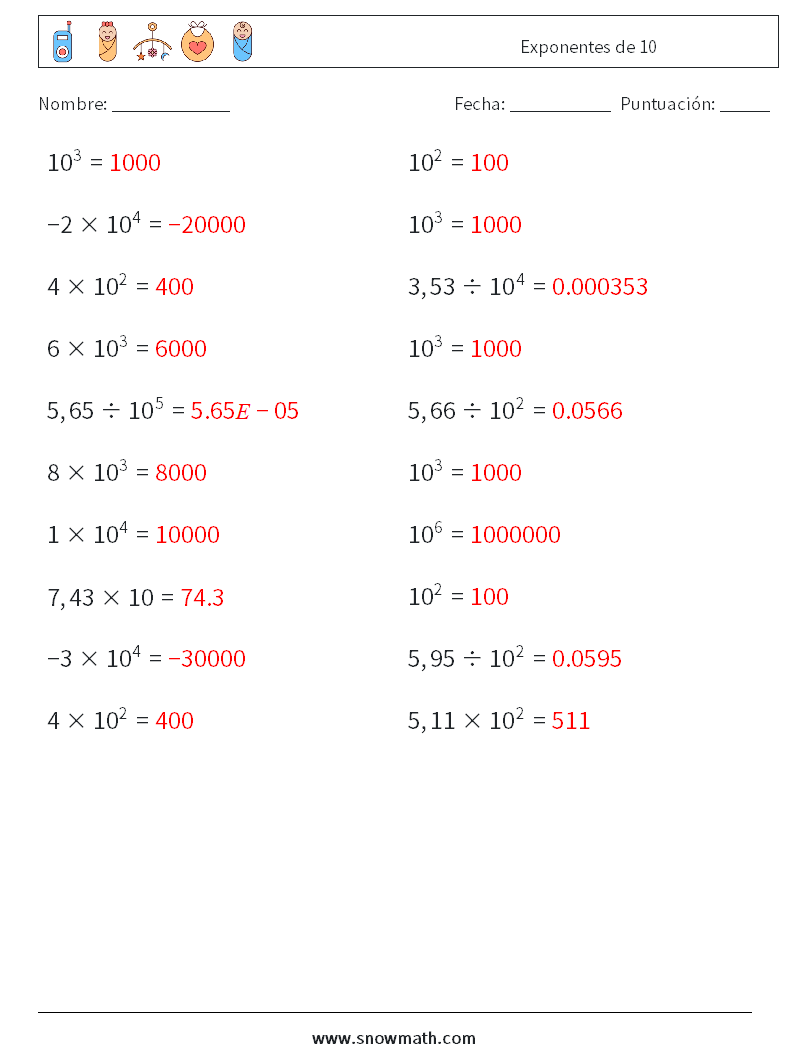 Exponentes de 10 Hojas de trabajo de matemáticas 3 Pregunta, respuesta