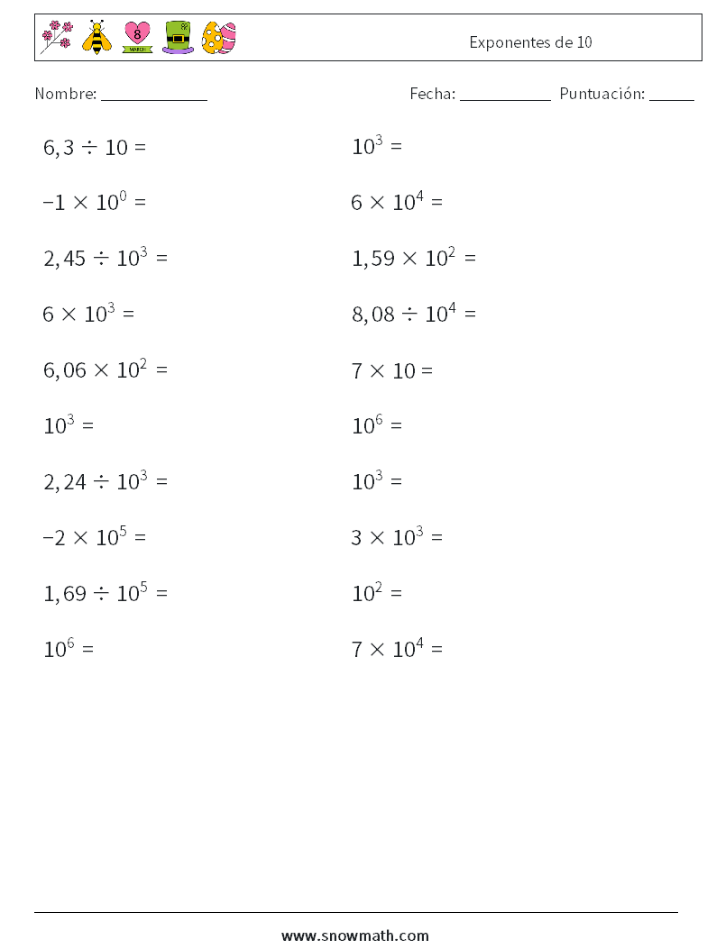 Exponentes de 10 Hojas de trabajo de matemáticas 4