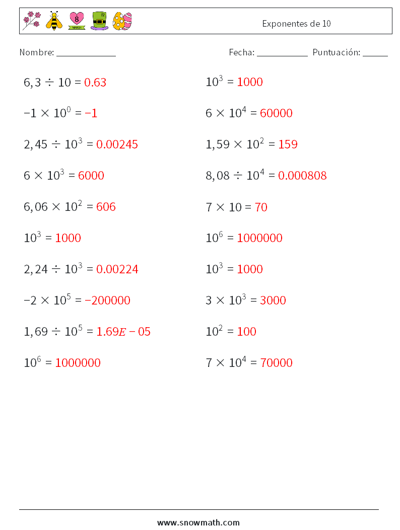 Exponentes de 10 Hojas de trabajo de matemáticas 4 Pregunta, respuesta