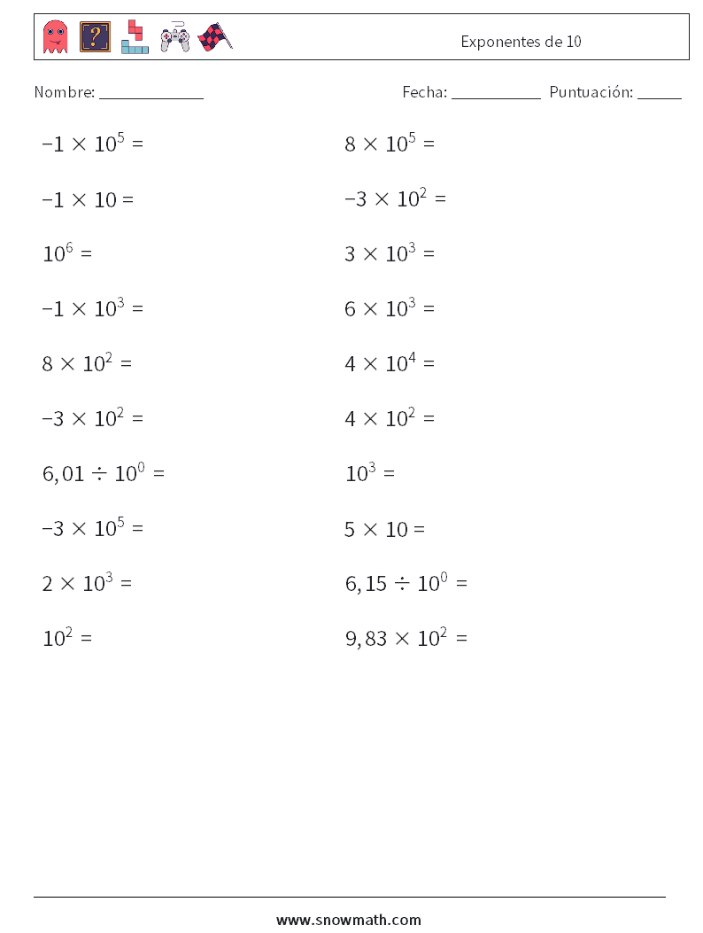 Exponentes de 10 Hojas de trabajo de matemáticas 5