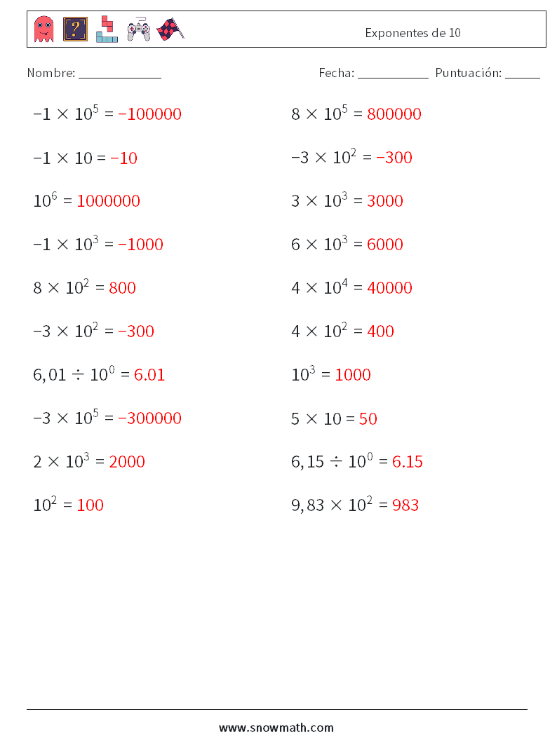 Exponentes de 10 Hojas de trabajo de matemáticas 5 Pregunta, respuesta