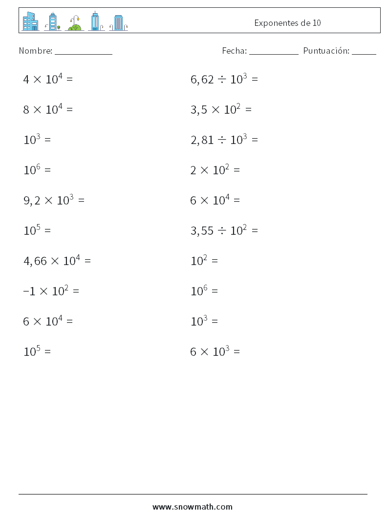 Exponentes de 10 Hojas de trabajo de matemáticas 6