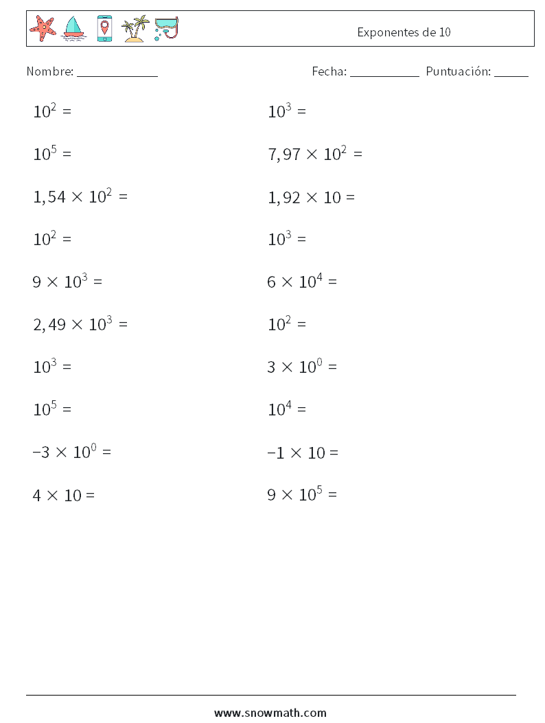 Exponentes de 10 Hojas de trabajo de matemáticas 7