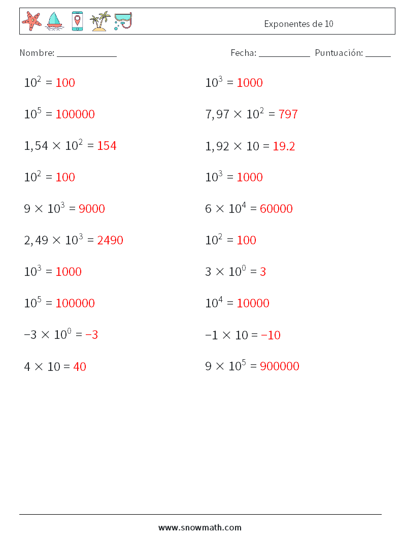 Exponentes de 10 Hojas de trabajo de matemáticas 7 Pregunta, respuesta