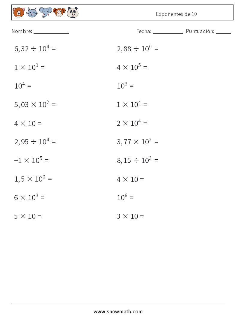 Exponentes de 10 Hojas de trabajo de matemáticas 8