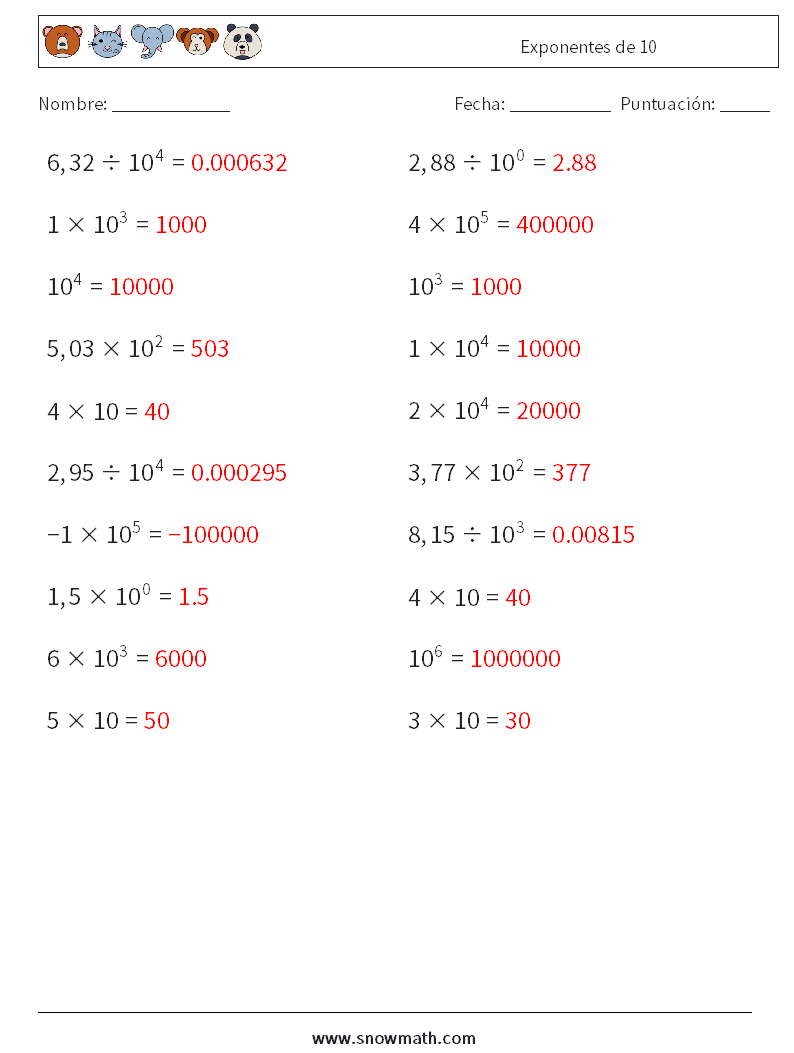 Exponentes de 10 Hojas de trabajo de matemáticas 8 Pregunta, respuesta