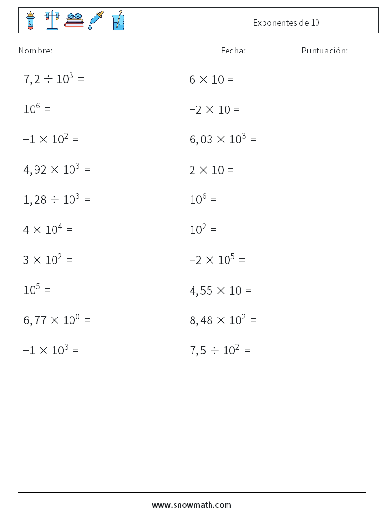 Exponentes de 10 Hojas de trabajo de matemáticas 9